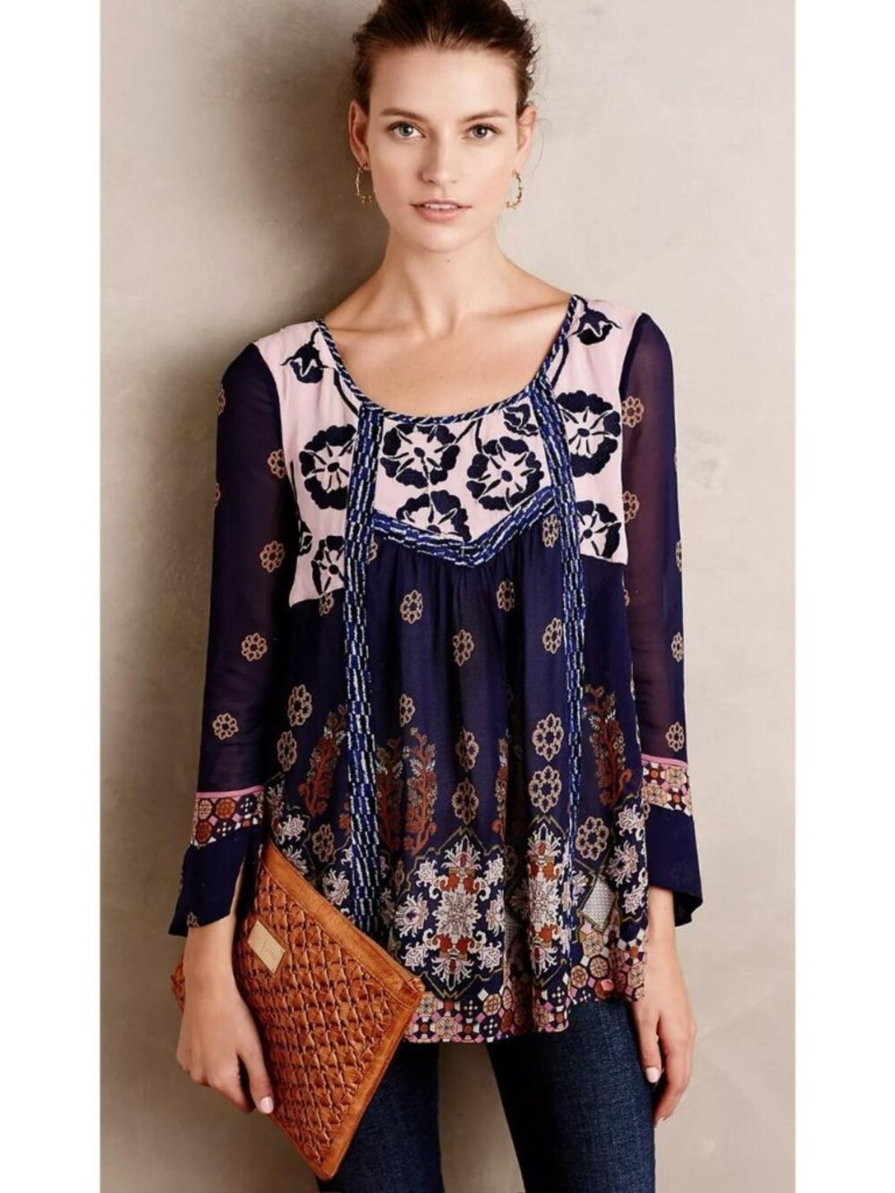 Anthropologie Floreat Rhiannon Peasant Top Bohemian Blouse Blue Large EUC